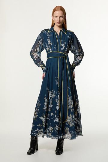 Border Print Viscose Piped Woven Shirt Balloon Sleeve Maxi Dress dark navy