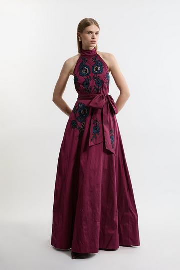 Lydia Millen Petite Embellished Taffeta Woven Halter Prom Dress wine