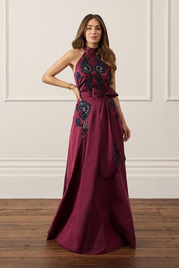 Lydia Millen Embellished Taffeta Woven Halter Prom Dress wine