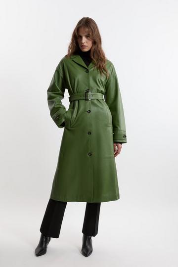 Leather Belted Clean Trench Coat olive