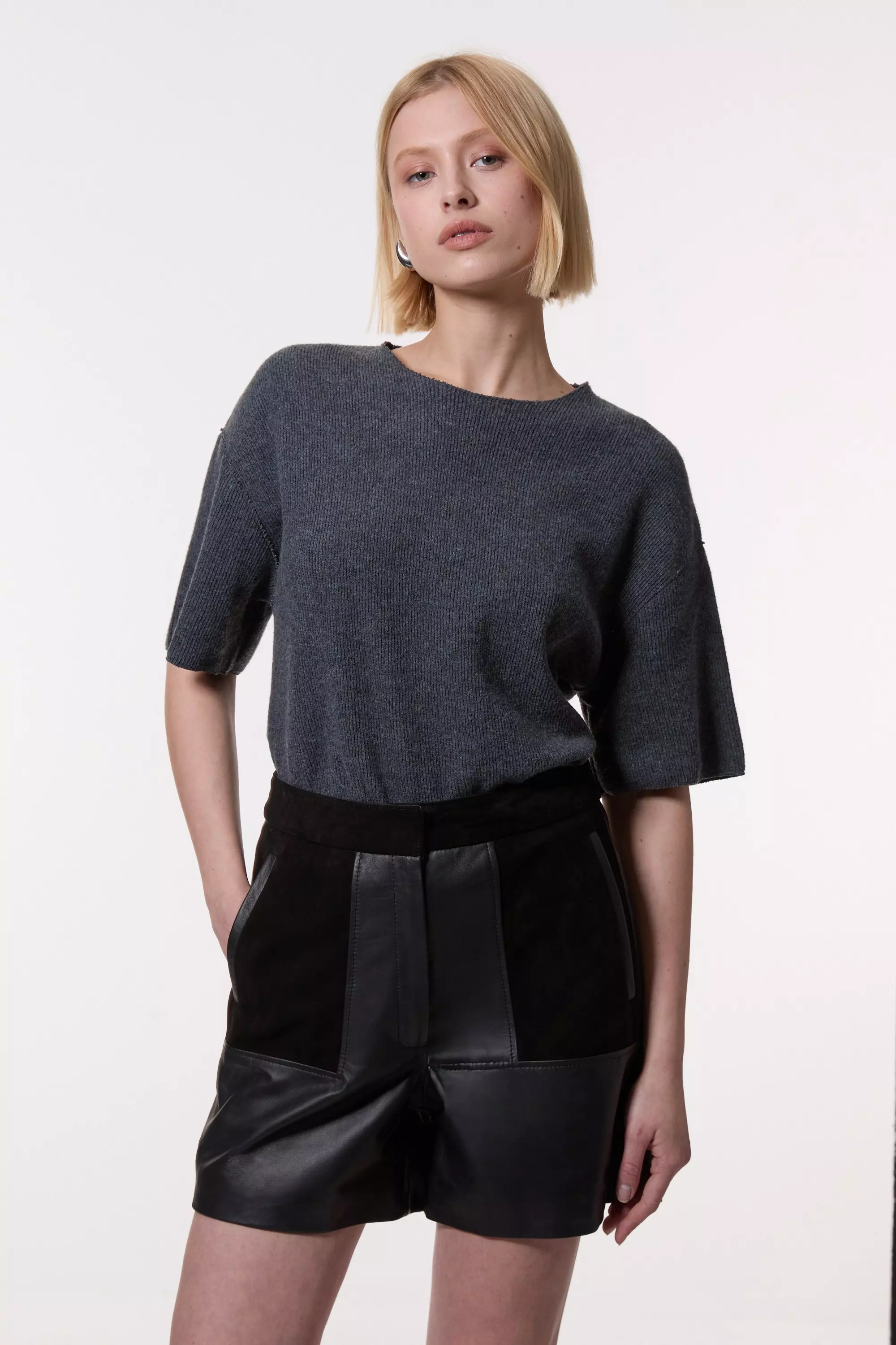 Navy Leather & Suede Mix Tailored Shorts alternative image