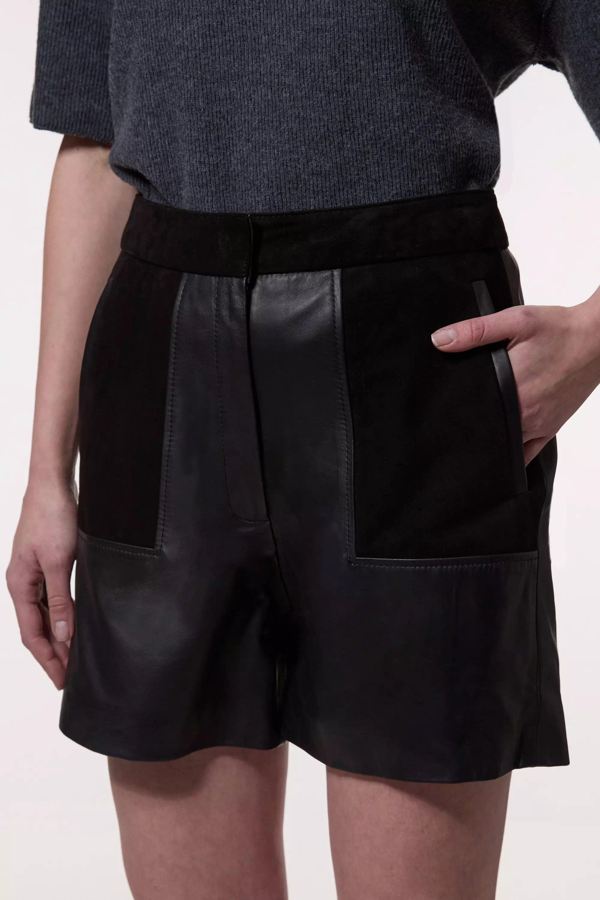 Navy Leather & Suede Mix Tailored Shorts alternative image