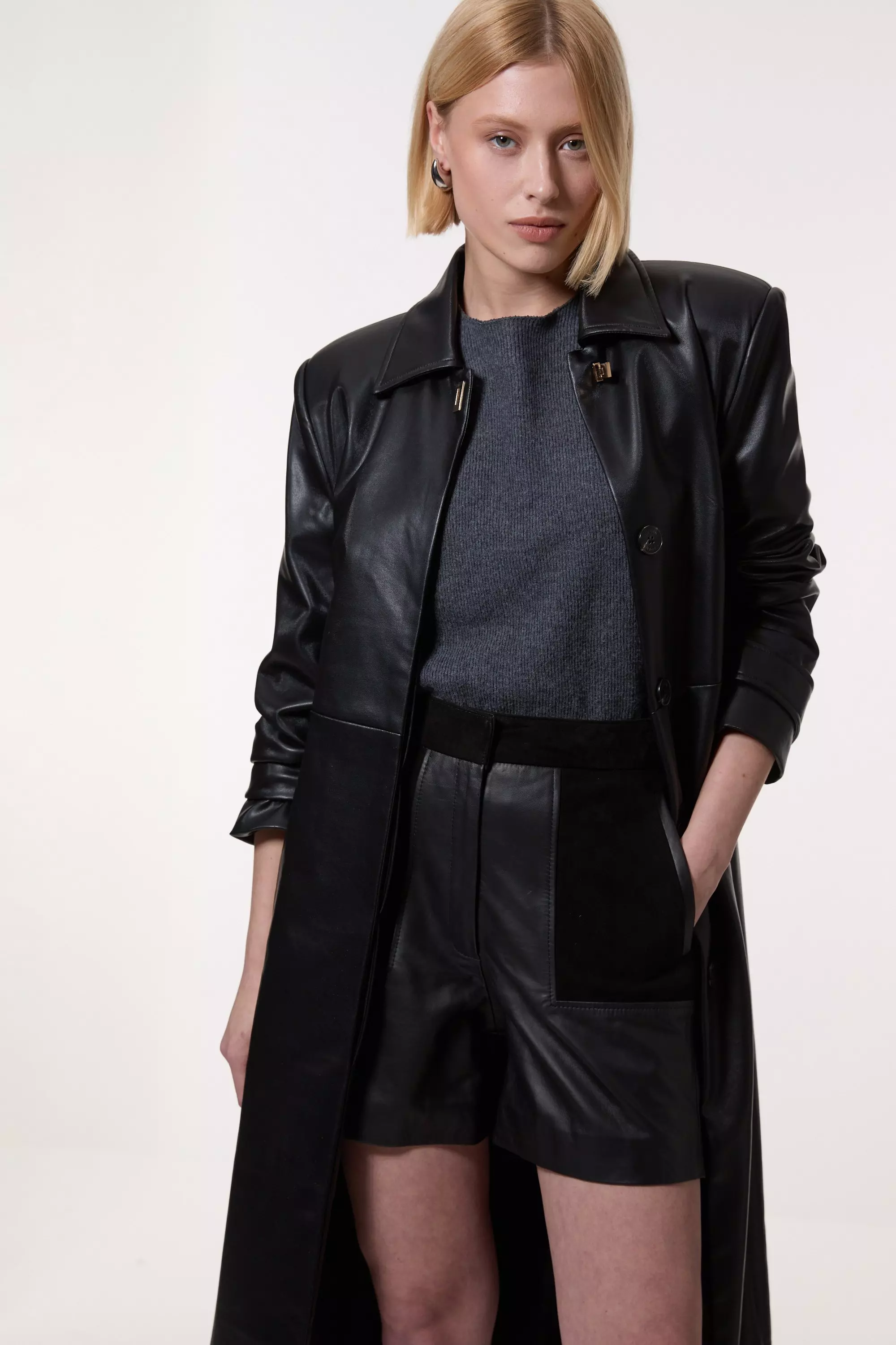 Navy Leather & Suede Mix Tailored Shorts alternative image