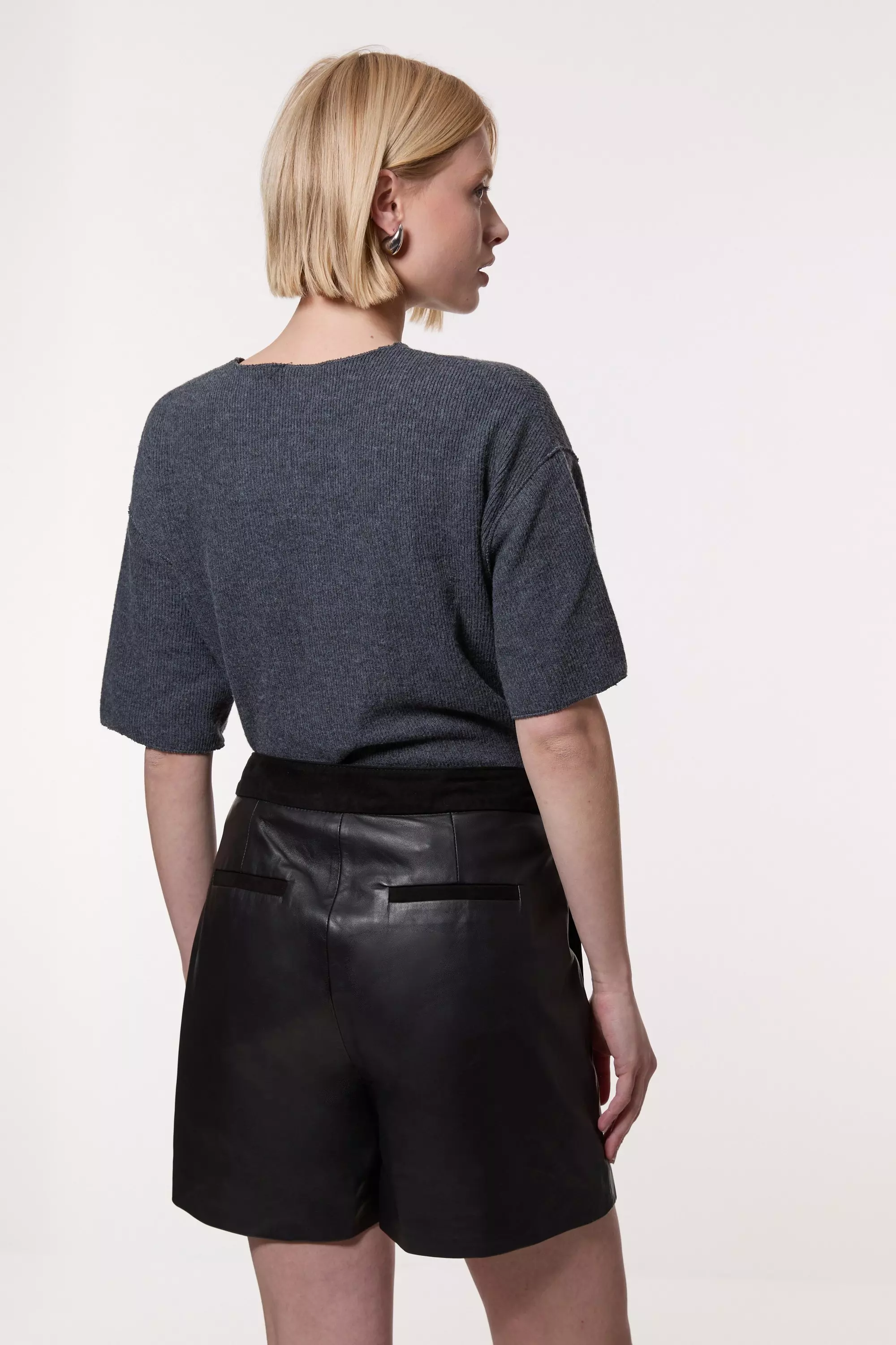 Navy Leather & Suede Mix Tailored Shorts alternative image