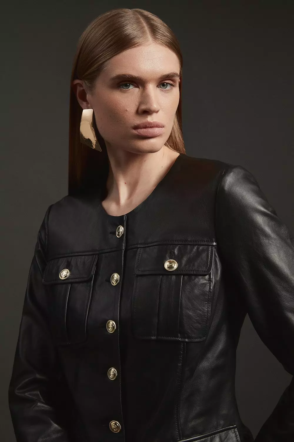 Leather Military Button Through Tailored Collarless Jacket Karen Millen