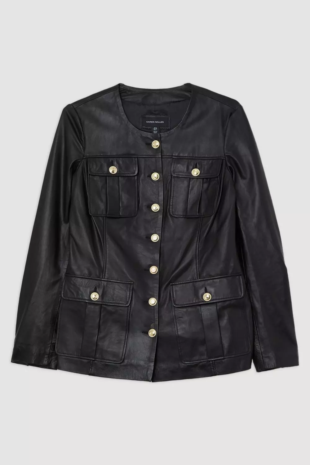 Leather Military Button Through Tailored Collarless Jacket Karen Millen