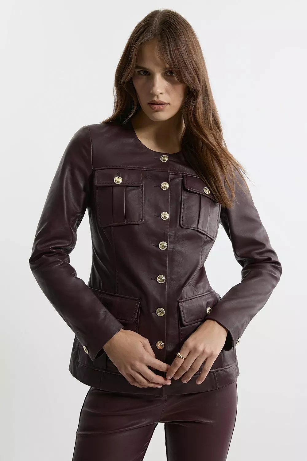 Dark red Leather Military Button Through Tailored Collarless Jacket alternative image