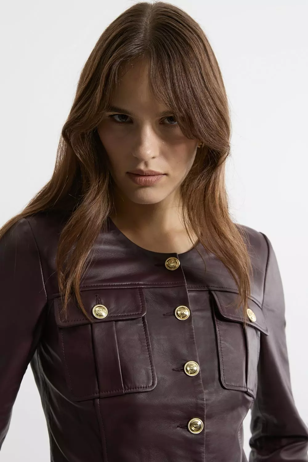 Dark red Leather Military Button Through Tailored Collarless Jacket alternative image