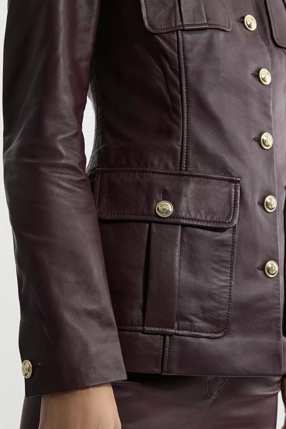 Dark red Leather Military Button Through Tailored Collarless Jacket alternative image