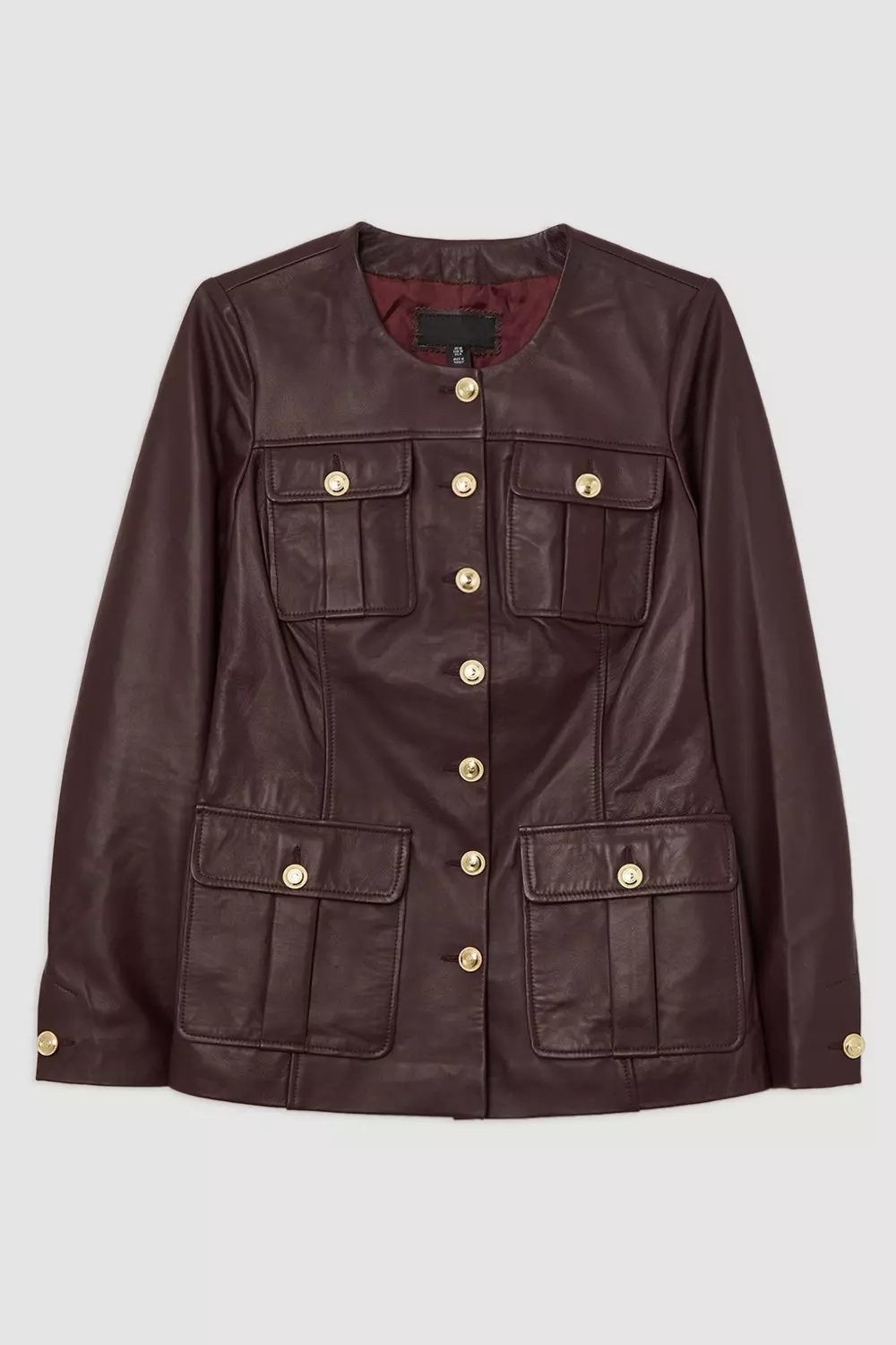 Dark red Leather Military Button Through Tailored Collarless Jacket alternative image