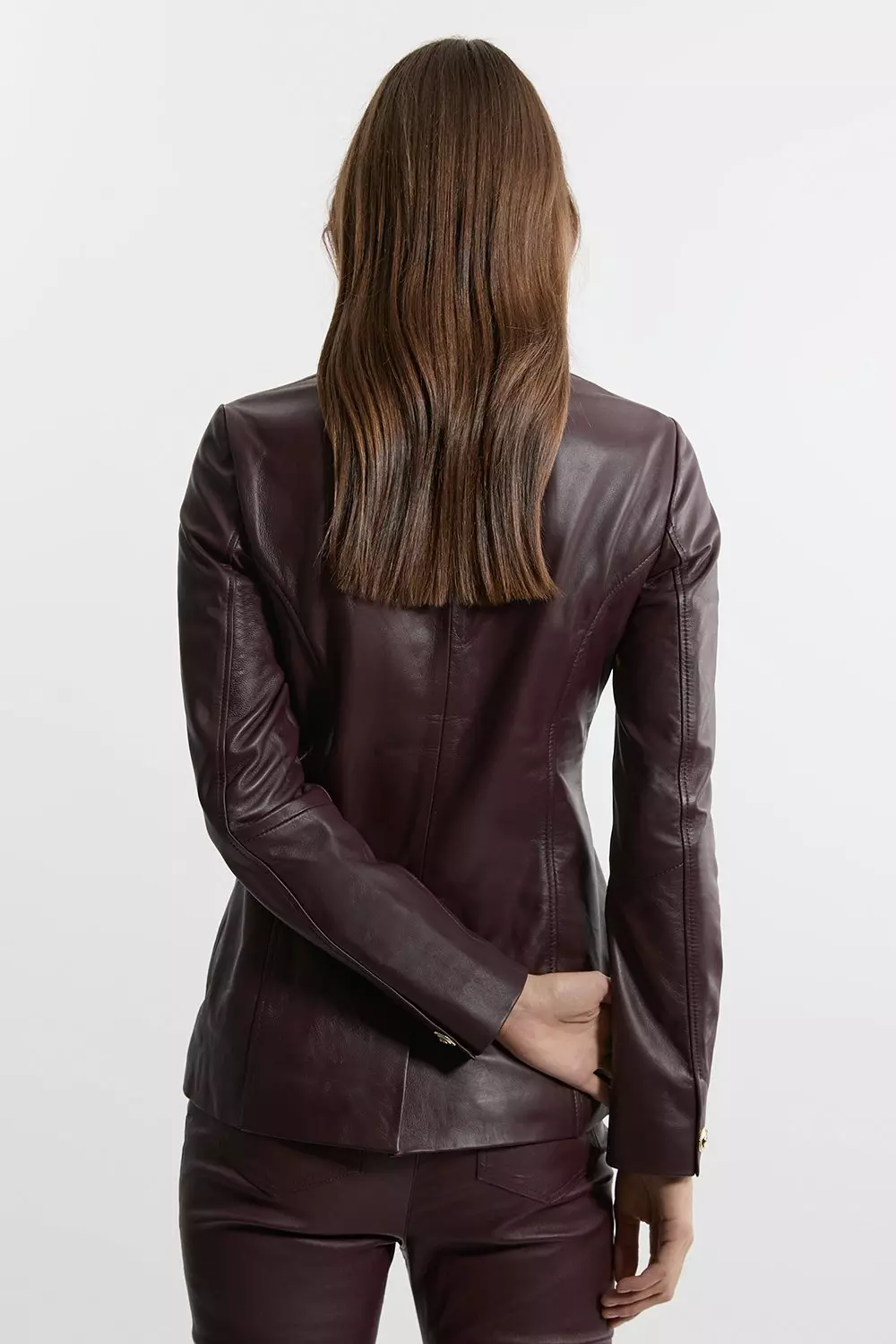 Dark red Leather Military Button Through Tailored Collarless Jacket alternative image
