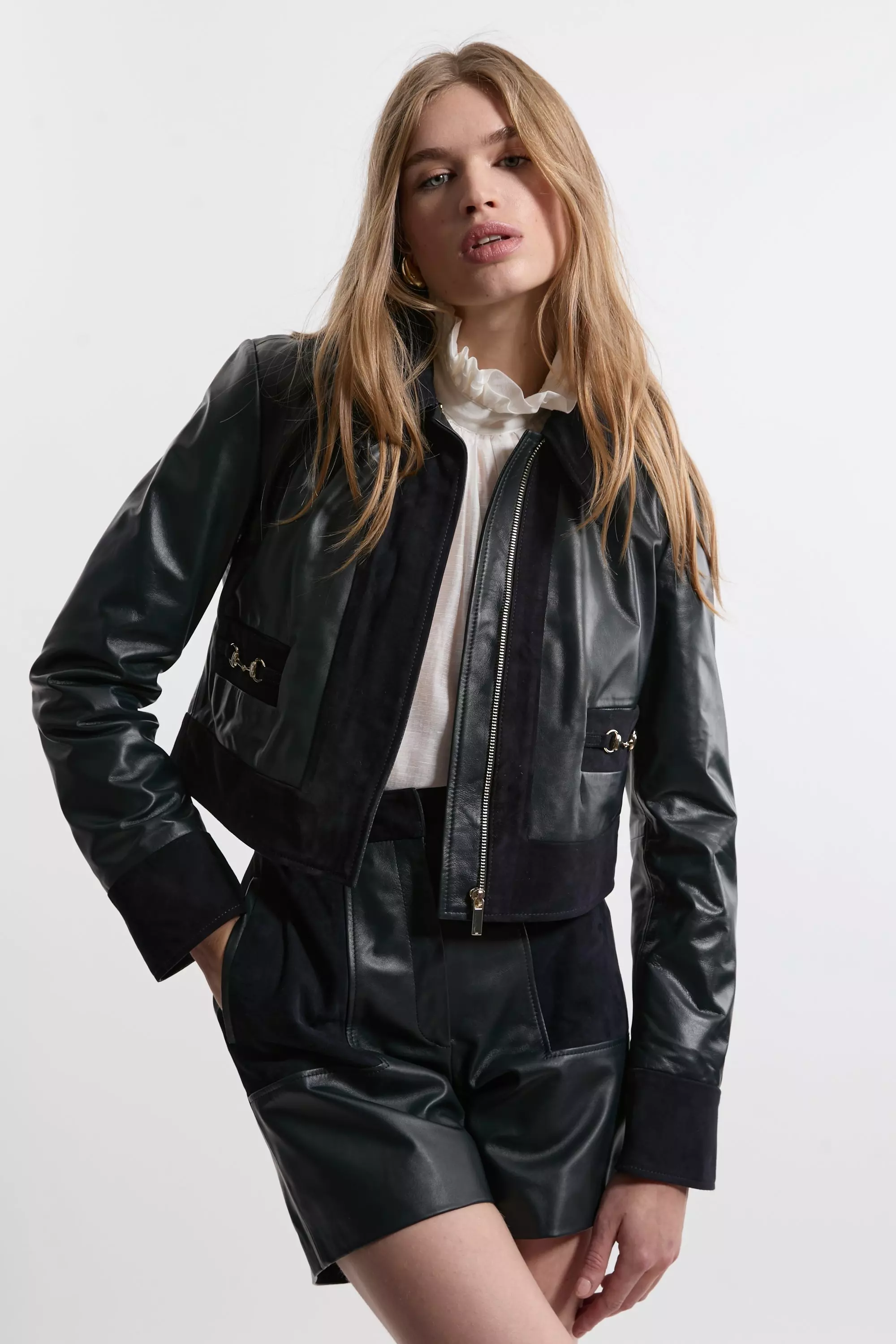 Leather & Suded Mix Snaffle Trim Tailored Jacket | Karen Millen