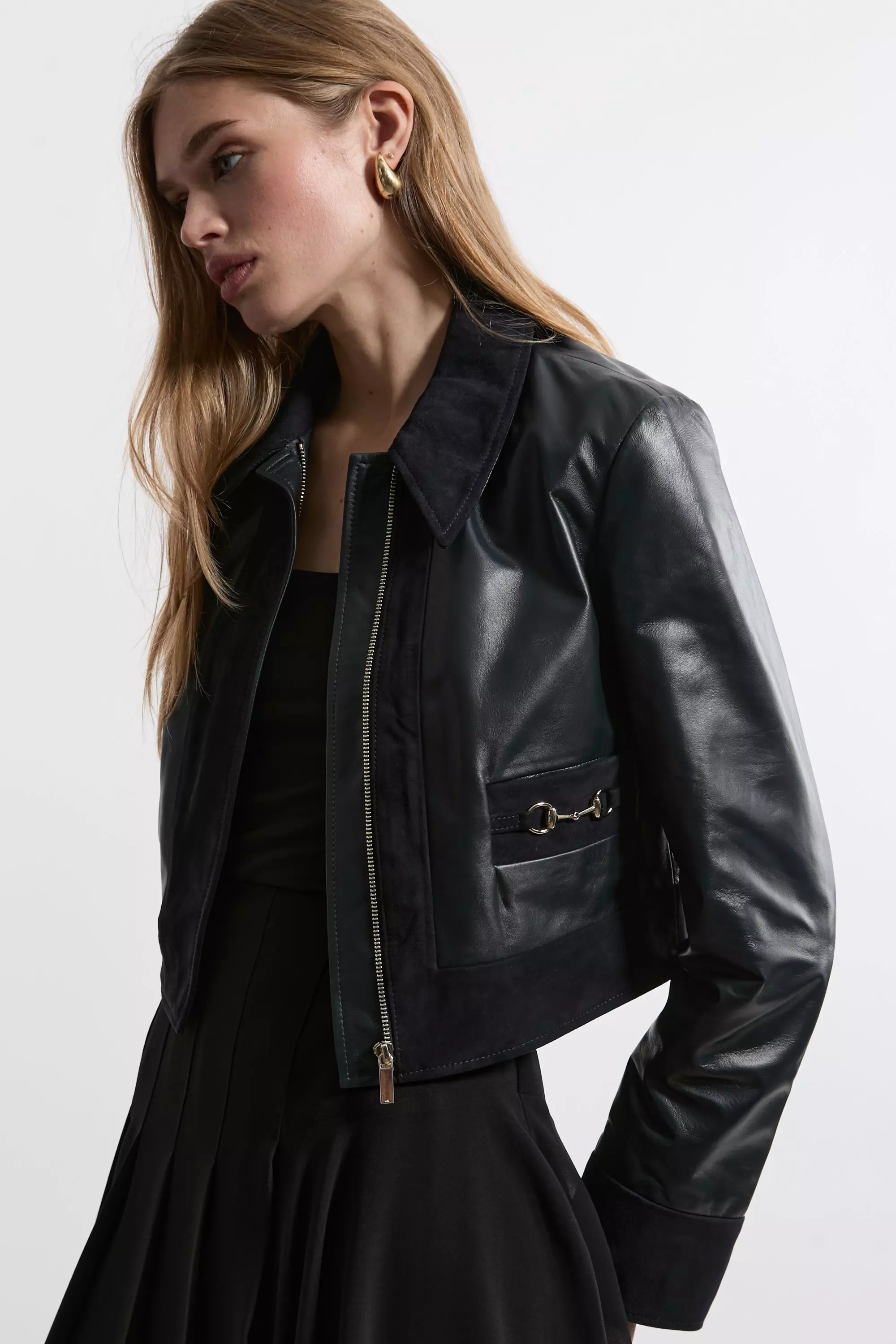 Leather Suede Mix Snaffle Trim Tailored Jacket Karen Millen
