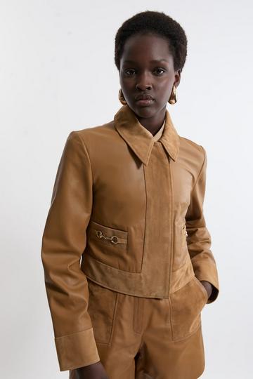 Leather & Suede Mix Snaffle Trim Tailored Jacket tan