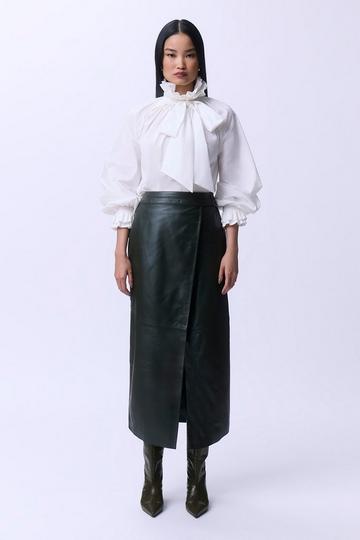 Green Leather Double Waistband A-Line Midi Skirt