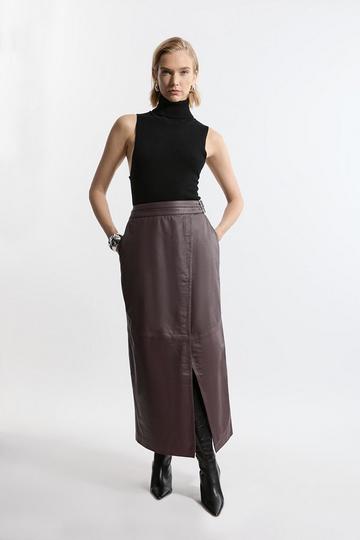 Purple Leather Double Waistband A-Line Midi Skirt