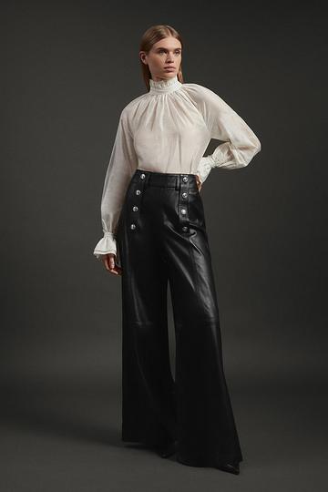 Black Leather Military Button Wide Leg Pants