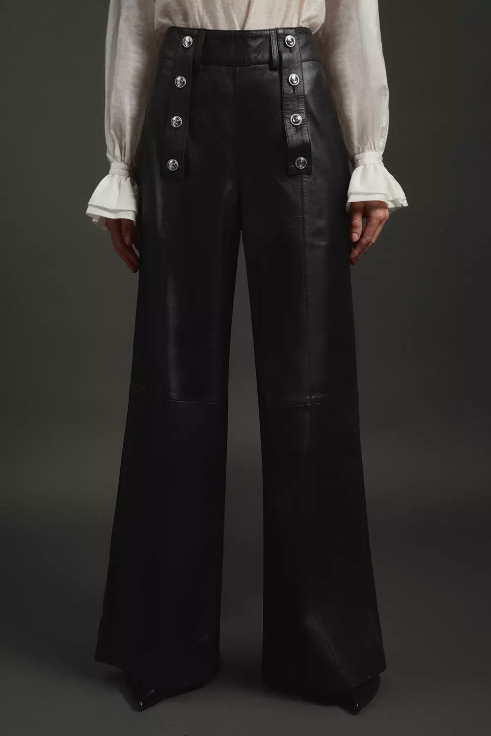 Leather Military Button Wide Leg Pants | Karen Millen