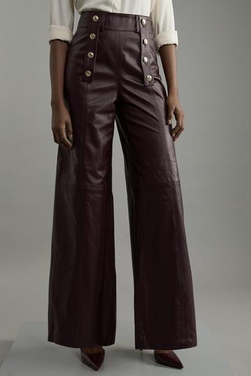 Red Leather Military Button Wide Leg Trouser