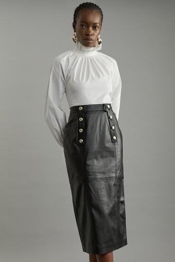 Leather Military Button Pencil Midi Skirt black