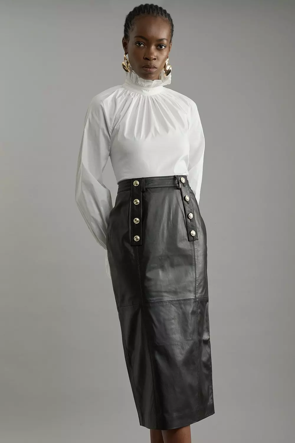 Black leather pencil midi skirt best sale