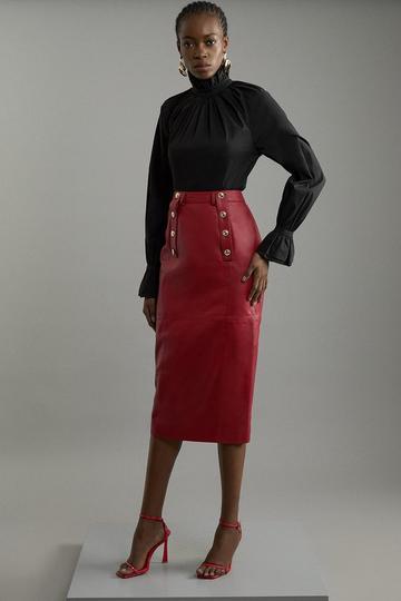 Leather Military Button Pencil Midi Skirt red