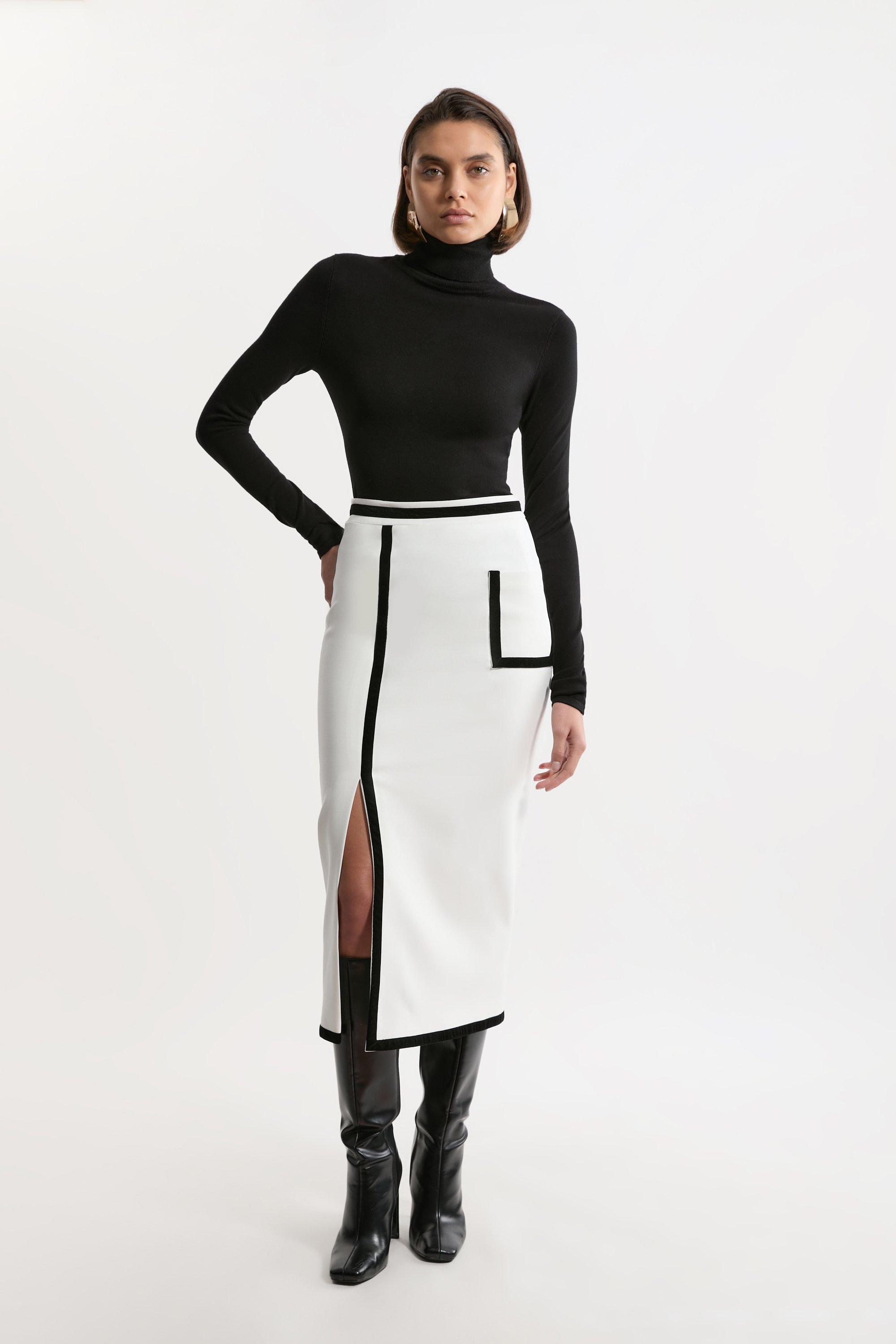 Mono Compact Stretch Tipped Velvet Contrast Tailored Pencil Skirt