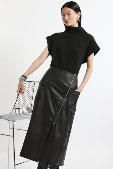 Black Leather Utility Pocket A Line Zip Through Midi Skirt