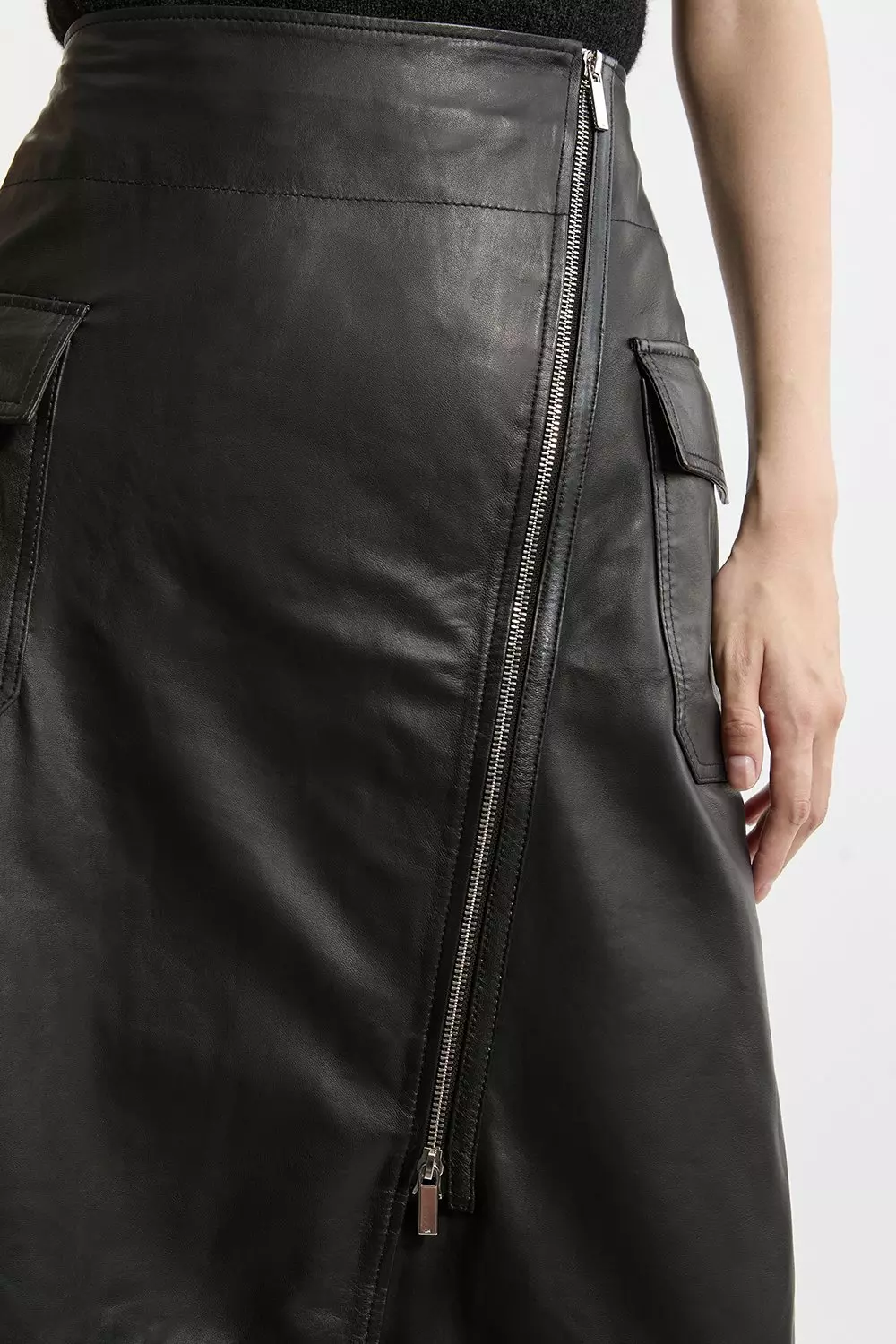 Leather Utility Pocket A Line Zip Through Midi Skirt Karen Millen