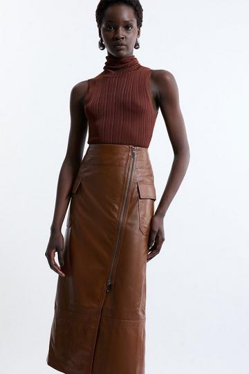 Leather Utility Pocket A Line Zip Through Midi Skirt tan