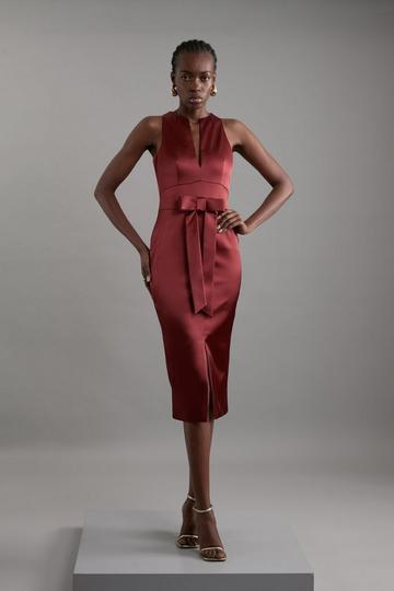 Petite Italian Structured Satin Bow Detail Tailored Maxi Dress rust