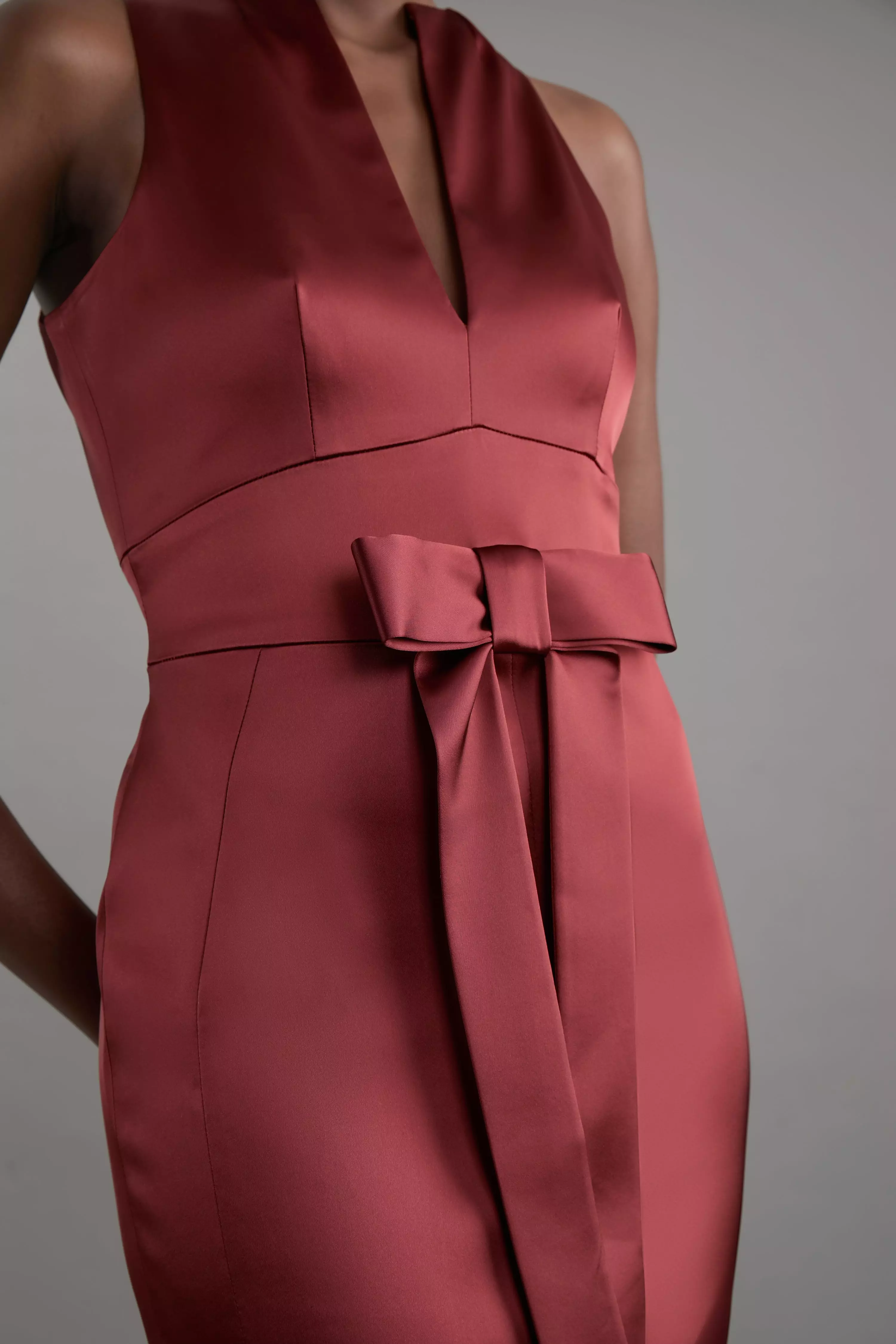 Petite Italian Structured Satin Bow Detail Tailored Maxi