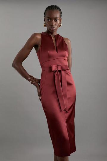 Italian Structured Satin Bow Detail Tailored Midi Dress rust