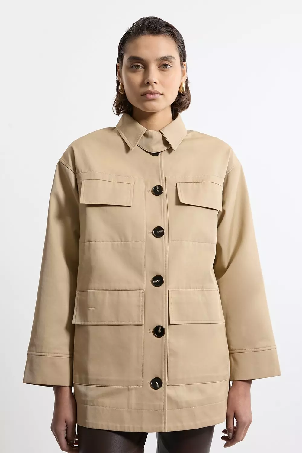 Karen Millen Womens Cotton Contrast Lining Pocket Detail Coat Camel Size 12