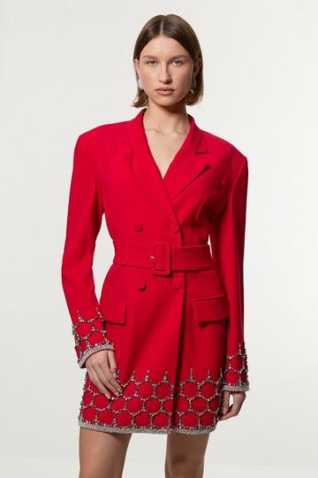 Red Crystal Embellished Tailored Blazer Mini Dress