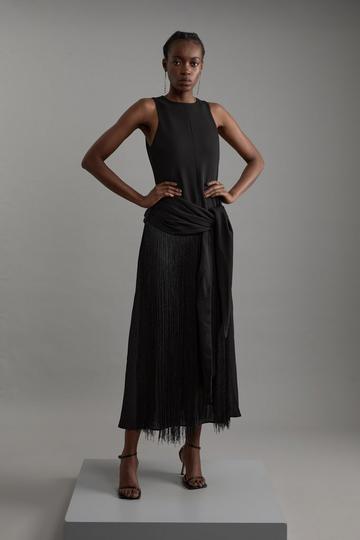 Black Tall Fringe Tassel Halter Neck Tailored Maxi Dress