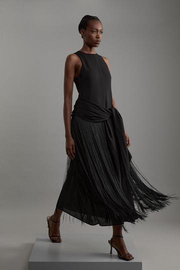 Black Petite Fringe Tassel Halter Neck Tailored Maxi Dress