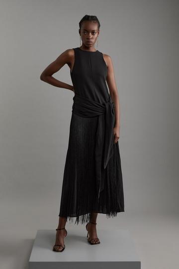 Black Fringe Tassel Halter Neck Tailored Maxi Dress