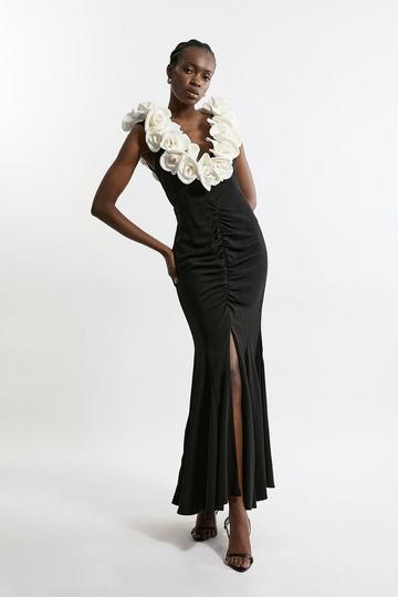 Compact Stretch Viscose Rosette Tailored Maxi Dress mono