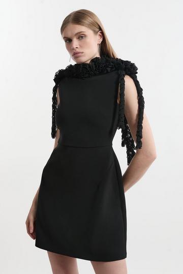 Black Rosette And Ruffle Compact Viscose Tailored Mini Dress