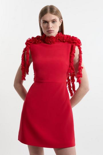 Red Rosette And Ruffle Compact Viscose Tailored Mini Dress