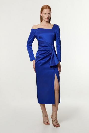 Blue Petite Italian Structured Rib Asymmetric Neckline Draped Tailored Maxi Dress