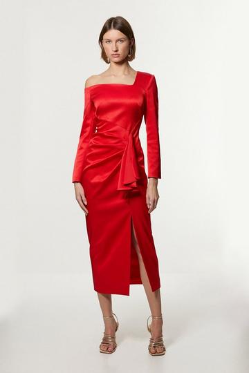 Red Petite Italian Structured Rib Asymmetric Neckline Draped Tailored Maxi Dress