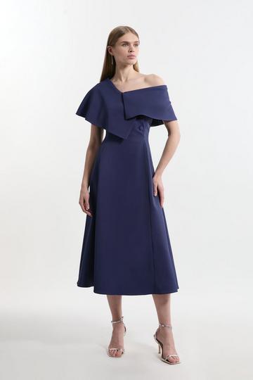 Navy Italian Structured Rib Asymmetric Collar Tailored Full Skirt Midaxi Dress