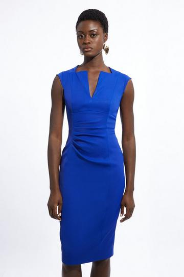 Petite Italian Structured Rib Tailored Envelope Neck Pencil Midi Dress cobalt