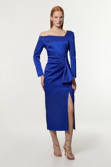 Italian Structured Rib Asymmetric Neckline Draped Tailored Maxi Dress blue