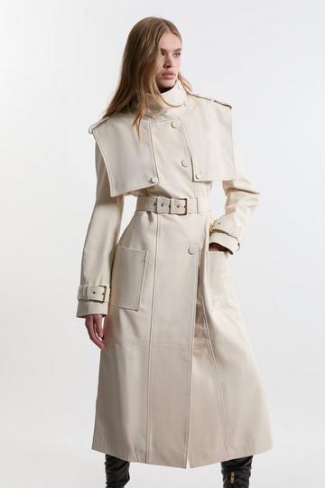 Leather Strong Shoulder Belted Trench Coat ivory