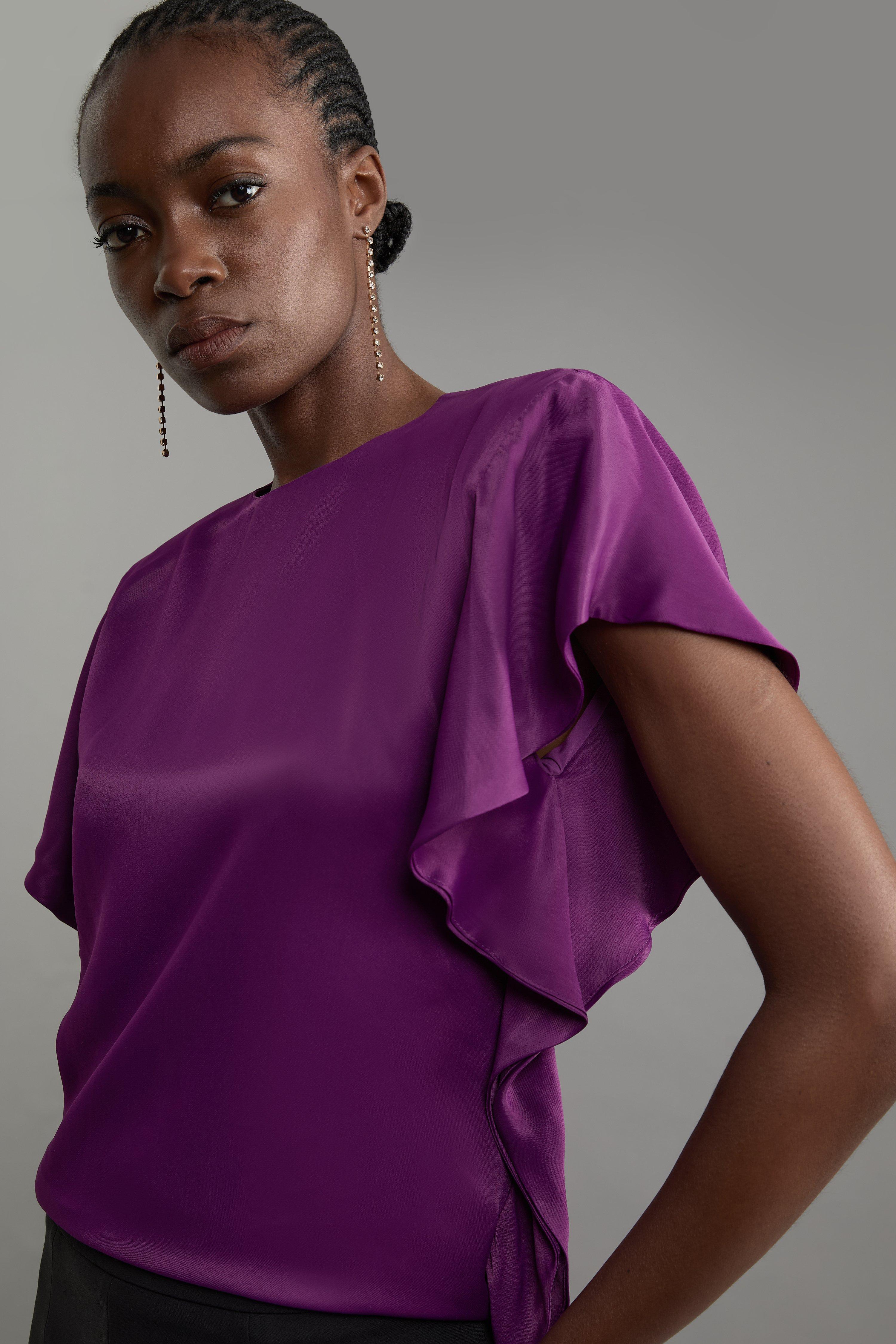 Purple Satin Draped Sleeve Woven Top