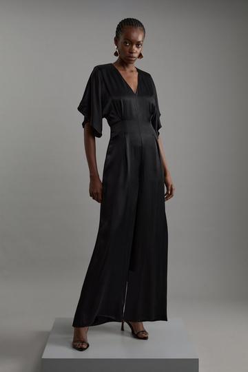 Tall Satin Angel Sleeve Woven Maxi Jumpsuit black