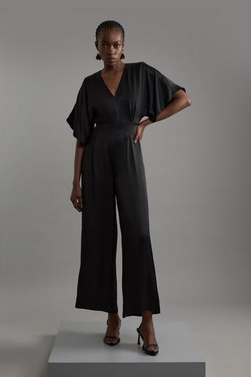 Satin Angel Sleeve Woven Maxi Jumpsuit black